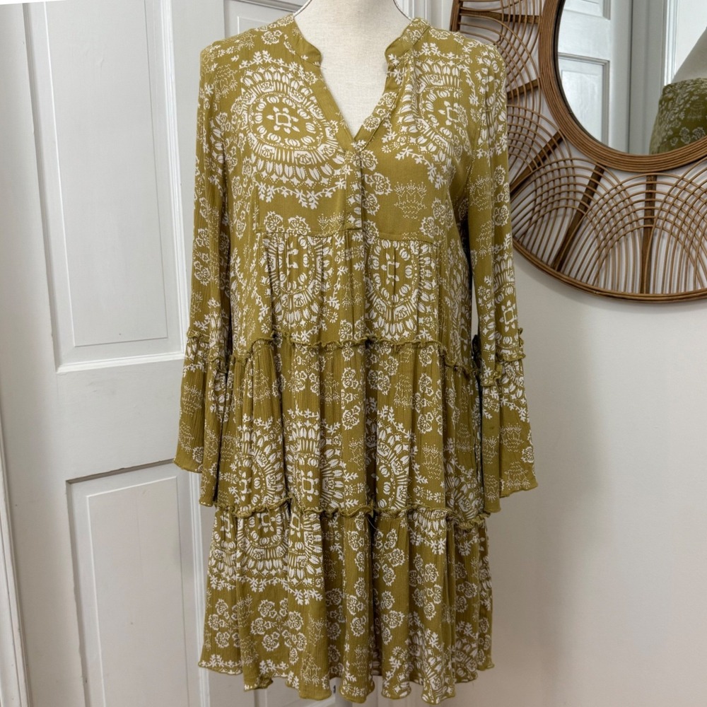 Elan Tiered Bell Sleeve Dress Sm Mustard Boho Festival Flowy Hippie Coachella